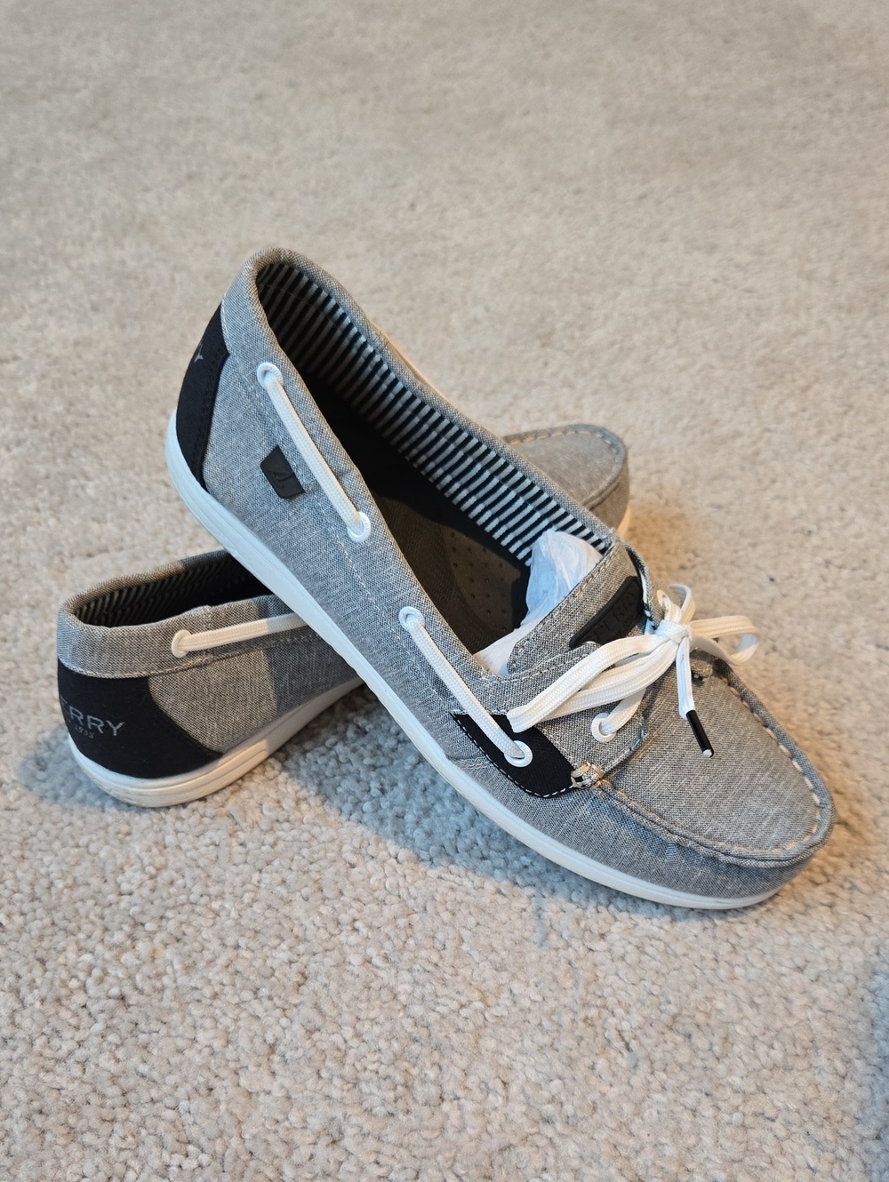Sperry Gray and Black Canvas Boat Shoes with White Laces